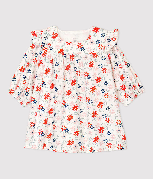 Abito a fiori beb&egrave; femmina in twill di cotone biologico bianco/multicolore